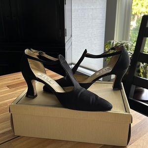 Black Satin Kitten heel pumps.